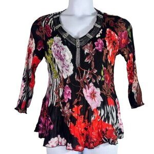 Alberto Makali Floral Pleated Beaded Top 3/4 Sleeves, XL